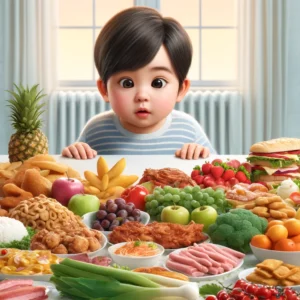 Dall·e 2024 06 13 16.41.49 A Realistic Image Of An Asian Child With Wide Eyes Looking At A Large Table Filled With Various Foods Including Fruits Vegetables Meats And Desser